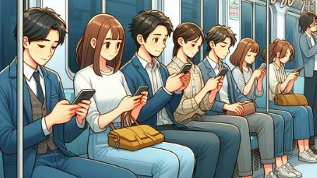 電車内でスマホをみんなが見ている時代となったことを表した図です