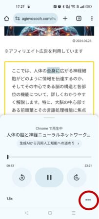 Chromeの読み上げ詳細設定における右下の横並び３点のボタンを赤丸で囲んでいます