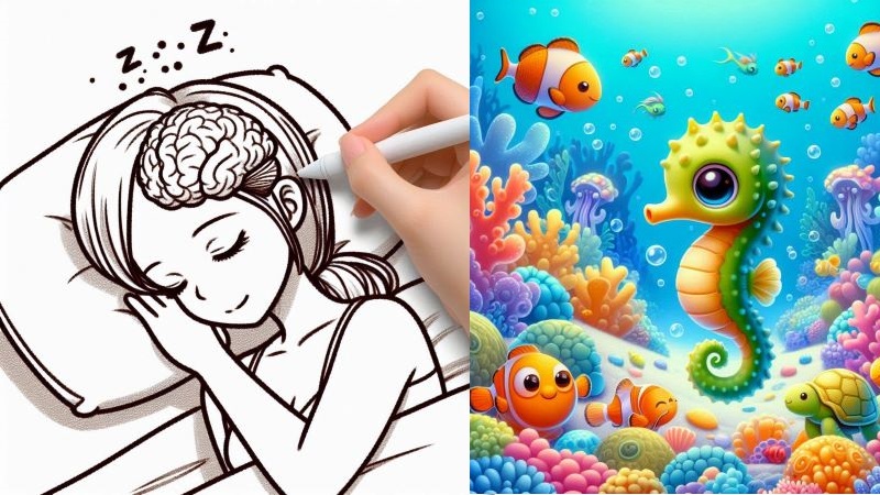 すやすやと睡眠しているとタツノオトシゴの形をした海馬が健康になる様子をイラストにしています